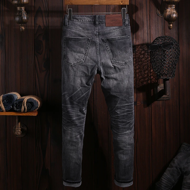 Fashion Vintage Men Jeans High Quality Black Gray Elastic Slim Fit Ripped Jeans Men Trousers Retro Designer Denim Pants Hombre