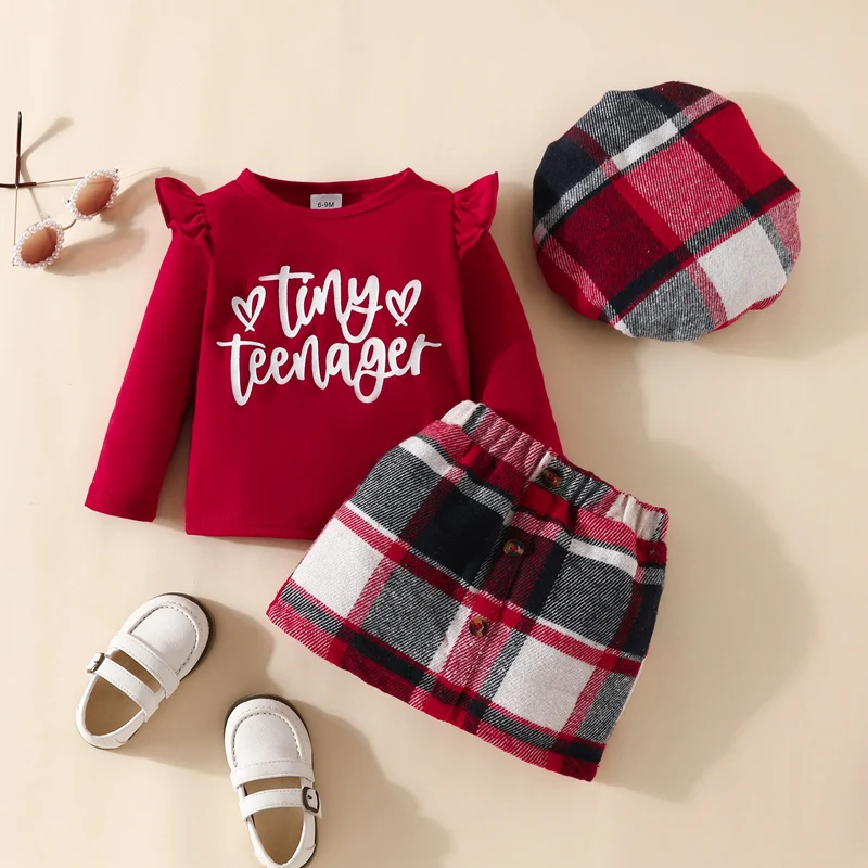 

KMBANGI Toddler Infant Baby Girl Skirts Outfit Ruffle Long Sleeve Crew Neck Tops Plaid Skirt Beret Baby Fall Winter Clothes