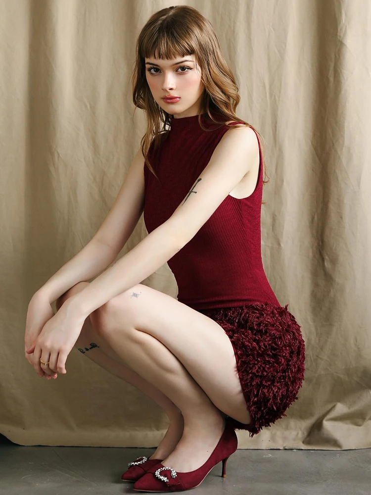 Nibber Christmas Plush Hem Dress Women Sleeveless Patchwork o-Neck Skinny Elasticity Fashion Classic Prom Party Mini Bodycon