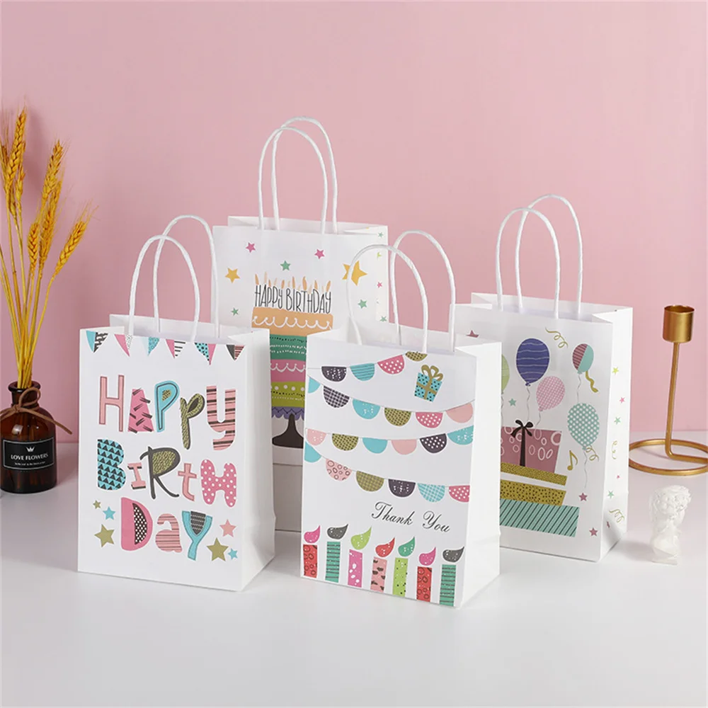 GOMANCHE 50 Sacchetti Regalo Per Compleanno Bambini Con Manici, 16,5x25 Cm, 4 Disegni Festivi, Per Caramelle E Bomboniere