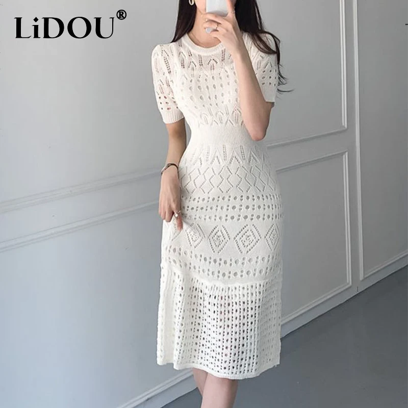 

Summer Elegant Fashion Hollow Out White Bodycon Midi Dress Female Slim Round Neck Knitting Robe Women's A-line Casual Vestidos