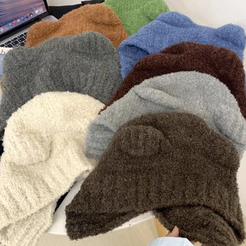 

Women Cute Bear Ears Beanies Hat Autumn Winter Thickened Lamb Fleece Travel Pullover Outdoor Ladies Warm Knitted Cap Skullies