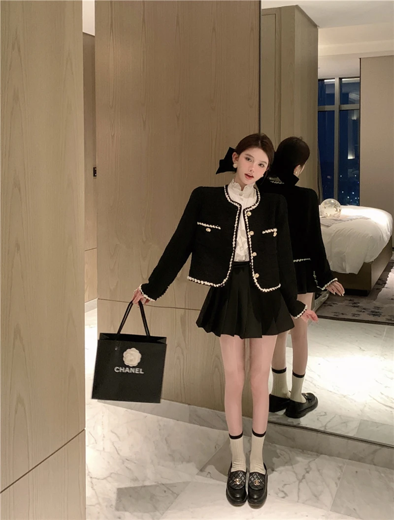 Vintage Tweed Jackets Women Elegant Black Cropped Suit Coat Korean Thicken Blazer Single Breasted Short Outerwear Tops New