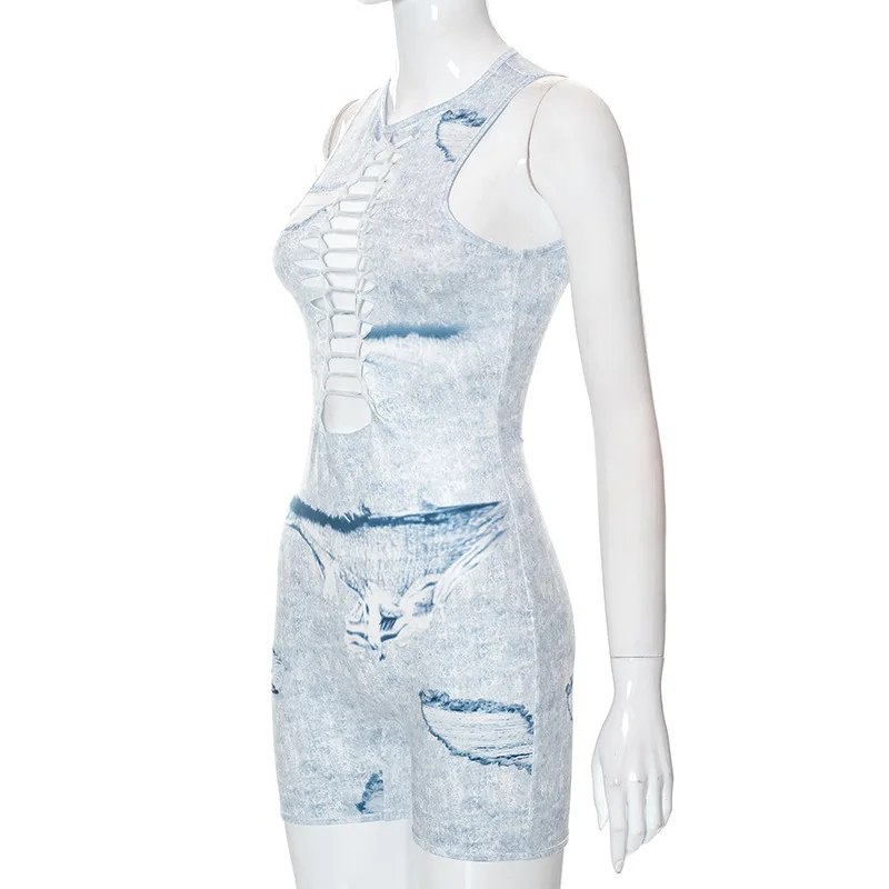BKLD Fashion Women Clothing 2022 Autumn New Print Sleeveless Round Neck Hollow Out Bodycon Rompers Slim One-Pieces Shorts