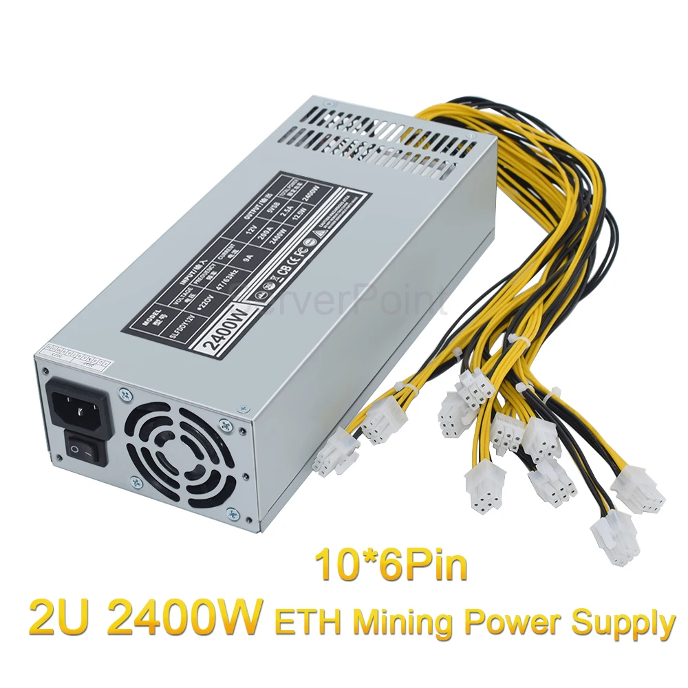 

Блок питания 2U одноканальный для майнинга, GPU PSU 2400 Вт и т. Д. RVN, блок питания для майнинга 10x6 контактов, эффективное устройство для BTC Antminer Bitcoin S7 S9