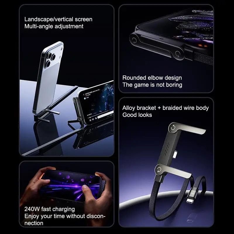 【C】2-IN-1 Type-C Cable Foldable Mobile Phone Holder 240W Fast Charging Data Cable Multifunction Game Phone Bracket Dual PD Cable 5