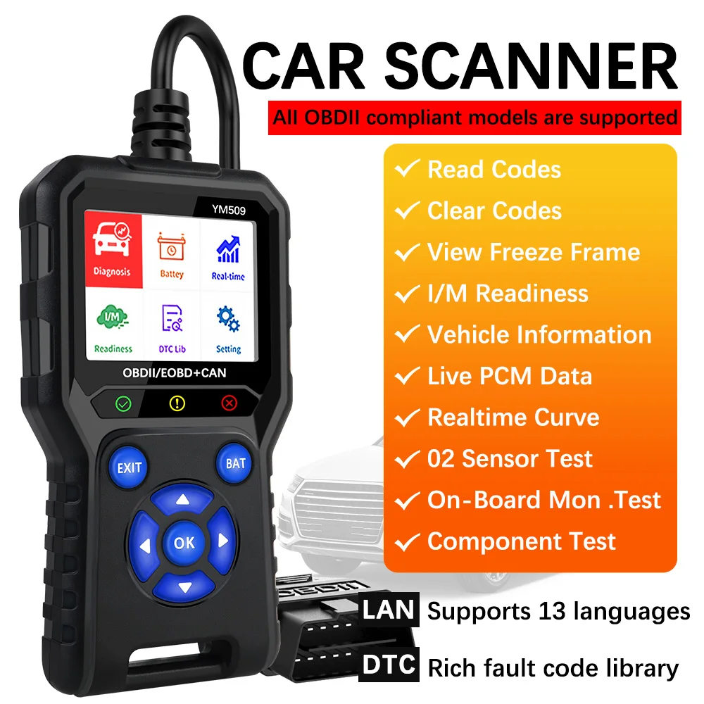 OBD2 Scanner Erase Error Codes Multi Languages ODB2 Code Reader Engine OBD 2 Scanner Car Diagnostic Tool YM509 2