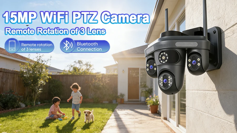 15MP WiFi Security Camera Three Screens Outdoor IP Camera Three PTZ 2-Way Audio
