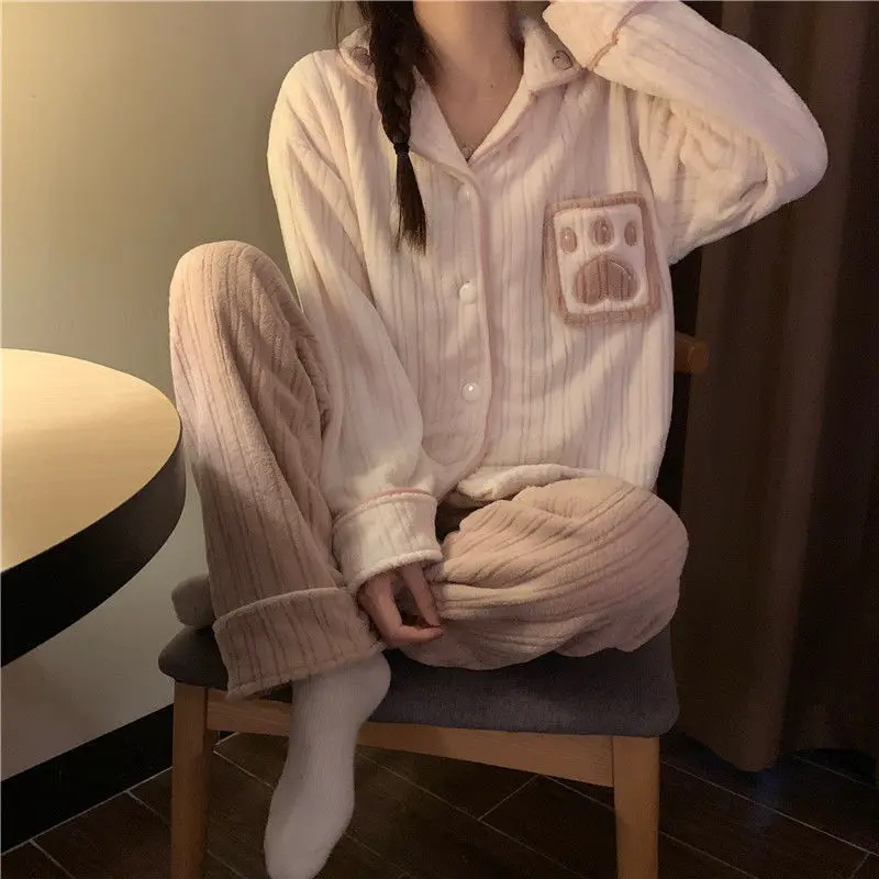 Flannel Pyjamas Women Warm Pijama Mujer Winter Cute Cardigan Loungewear Pijamas Sleepwear Kawaii Clothes Pijama Femme Ensemble