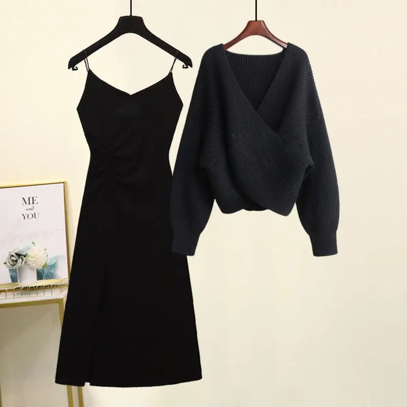 Large Women's Autumn and Winter Set 2023 New Loose Cross Sweater Irregular Waist Drop Dress Two Piece Set Fashion