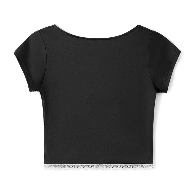 y2k Lace Trim Crop Top Women Sweetheart Neck Short Sleeve T Shirt with Bow Coquette Aesthetic Clothes 2000s Streetwear