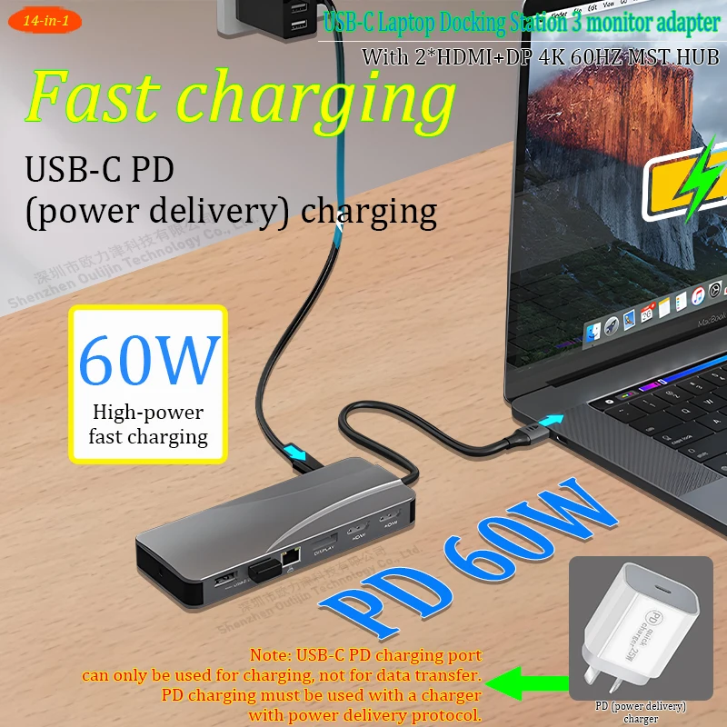 Rocoren USB C Docking Station, 11 in 1 Multiport Hub Laptop Adapter met 4K- HDMI, USB 3.0 poort, Type C PD 100W, RJ45 Ethernet, SD/TF Card Reader, 3.5mm AUX voor MacBook Pro/Air andere