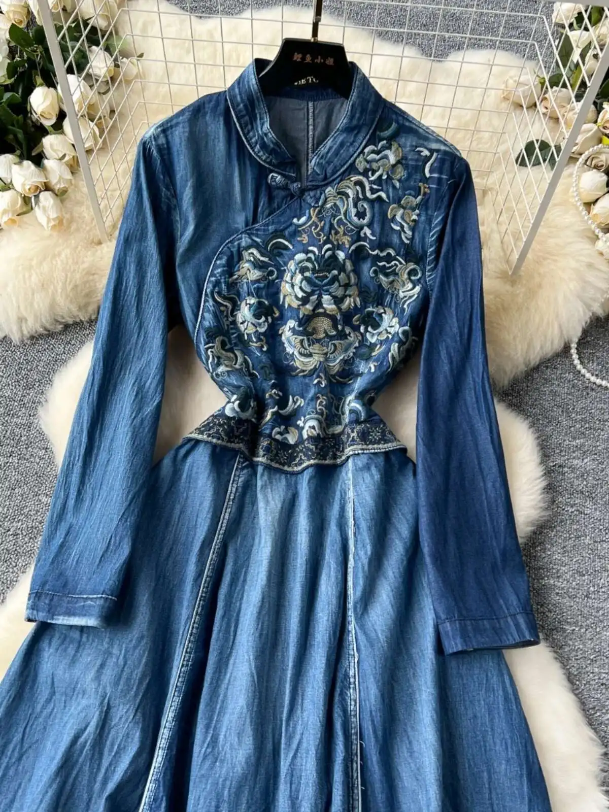 Chinese Retro Denim Jeans Dress Women's Embroidery Long