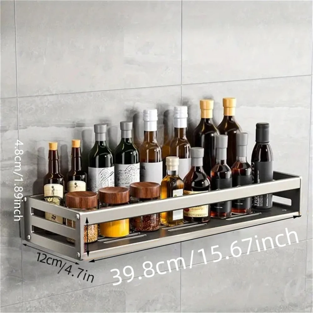 Sleek Aluminum Wall-Mounted Spice and Kitchen Storage Rack with Hooks