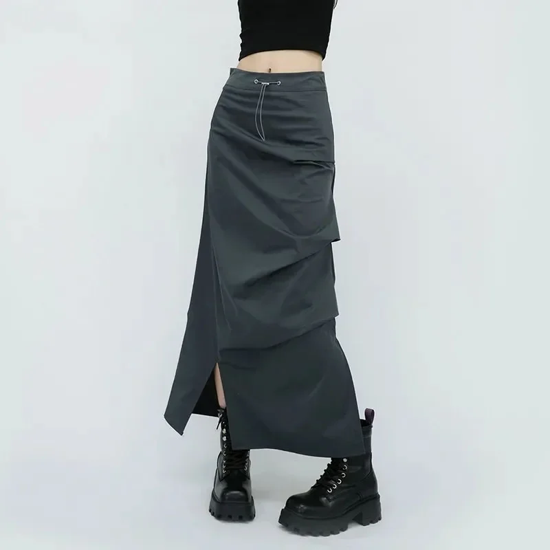 

Cargo Skirt Gray Street Drawstring Split Long Women Fashion High Waist Y2K Female Harajuku Parachute Maxi Faldas Skirts Falda