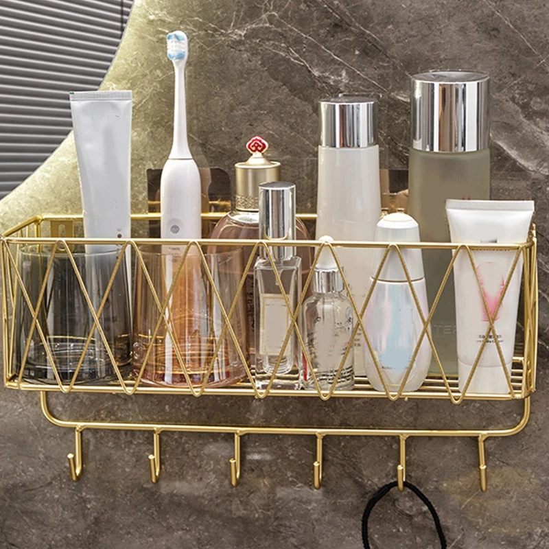 Bathroom Shelf No Drill Wall-Mounted Golden Iron Toiletries Storage Rack With Hook For Shampoo Shower Gel Organizer Shower Shelf 5