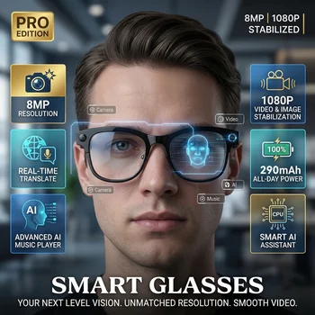 Nuovi Occhiali Smart AI con Traduzione AI, Fotocamera HD da 8MP, Riprese 4K, Conversazione Immagine, Registrazione, Ascolto Musica - Occhiali Intelligenti 2026