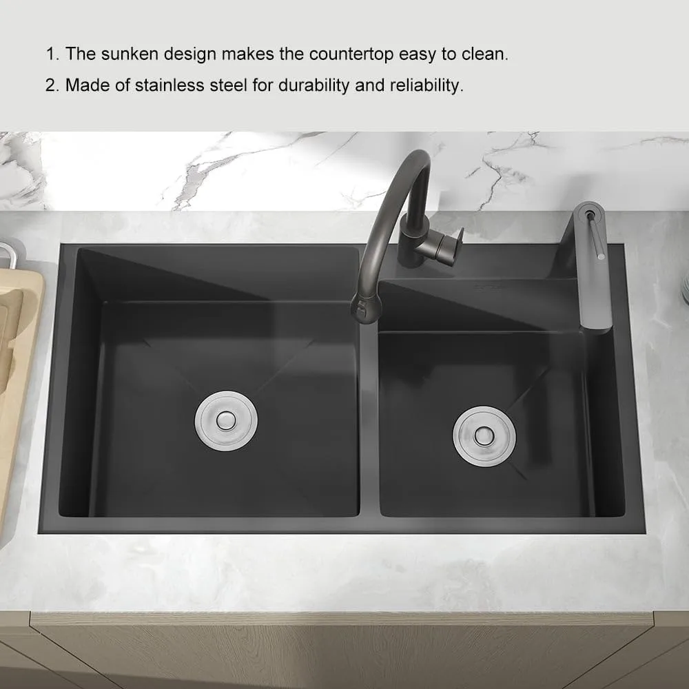 32" Black Double Bowl Kitchen Sink Stainless Steel Bar  Drop-In Kitchen Sink with Drain and Overflow 6