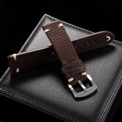 Genuine Cowhide Vintage Handmade Universal Watch Strap - Breathable Unisex Bracelet Belt Accessories - Black Buckle (DeepBrown)