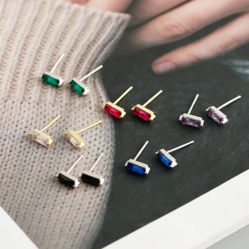 Light Luxury Square Rectangular Inlaid Colorful CZ Stud Earrings for Women Vintage Ins Earring Sweet Jewelry Accessories Gifts