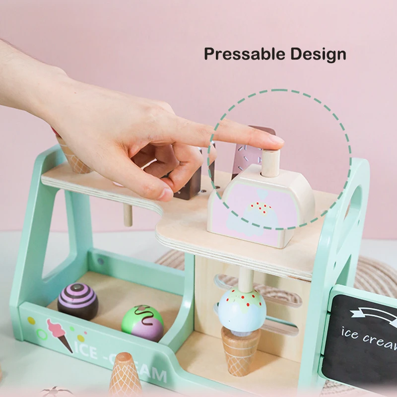 나무 척 장난감 시뮬레이션 아이스크림 카운터 Playset 척 놀이 장난감 주방 액세서리 몬테소리 어린이를위한 학습 장난감