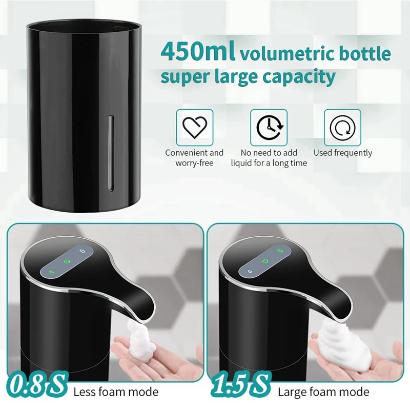 자동 비접촉식 거품 비누 디스펜서, USB 충전식 전기 비누 디스펜서, 450ML 블랙