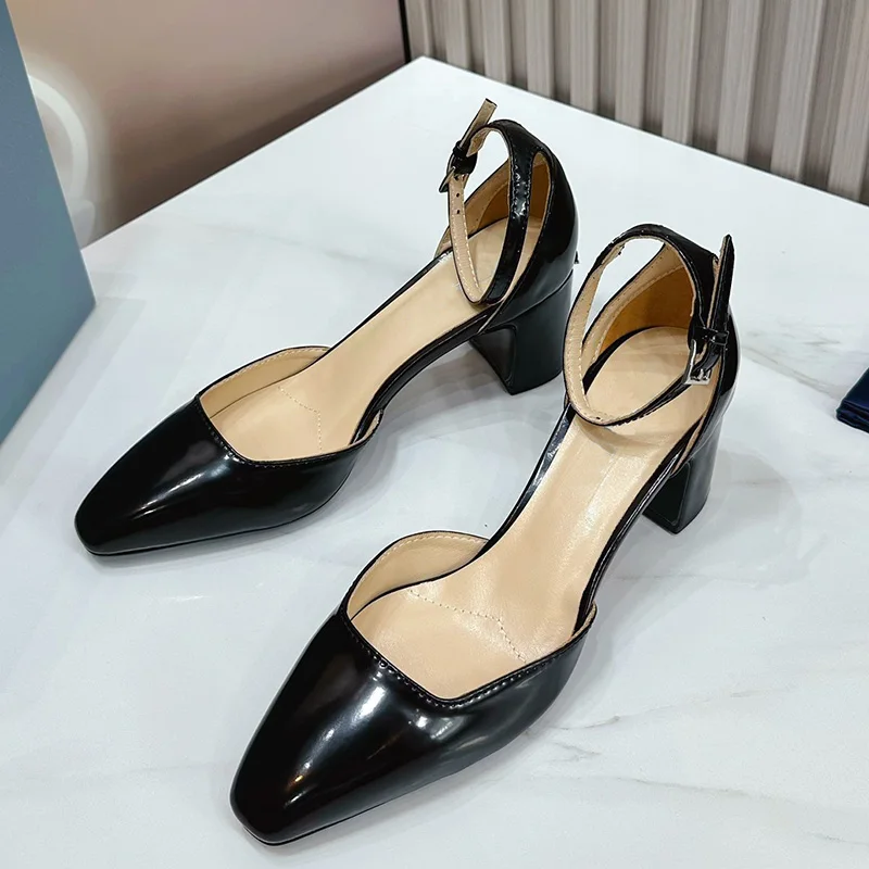 

2023 New Elegant Retro Design Ladies Leather Square Toe Thick Heel Buckle Mary Jane Shoes