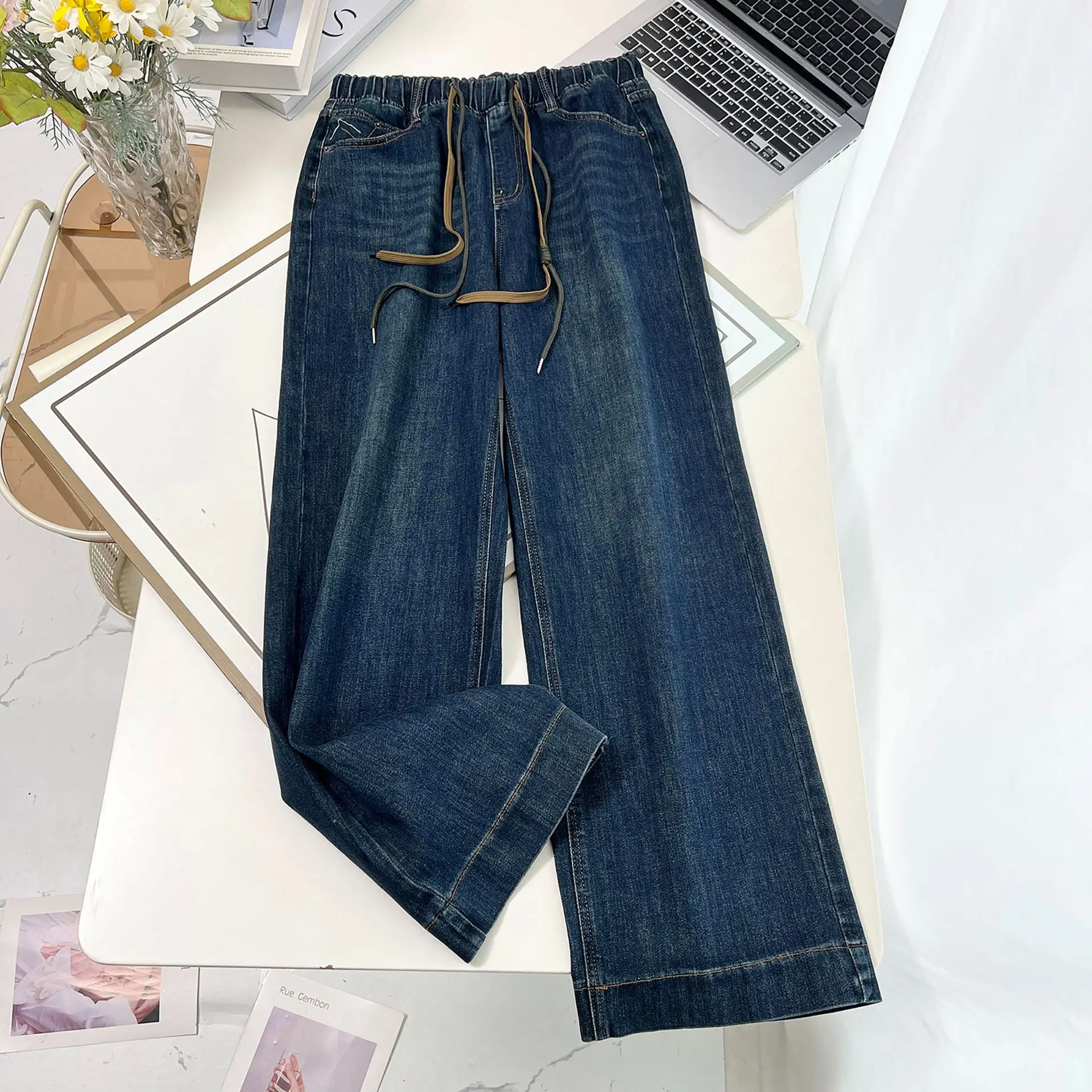 XXXXL Fashion Plus Size Women's Jeans Autumn New Drawstring Waisted Denim Straight Leg Pants Casual Full Length Trousers 1393