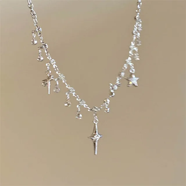 Collana con nappa con pendente in zircone di cristallo croce moda chic per donne ragazze accessori per catena clavicola gioielli Y2K estetici 5