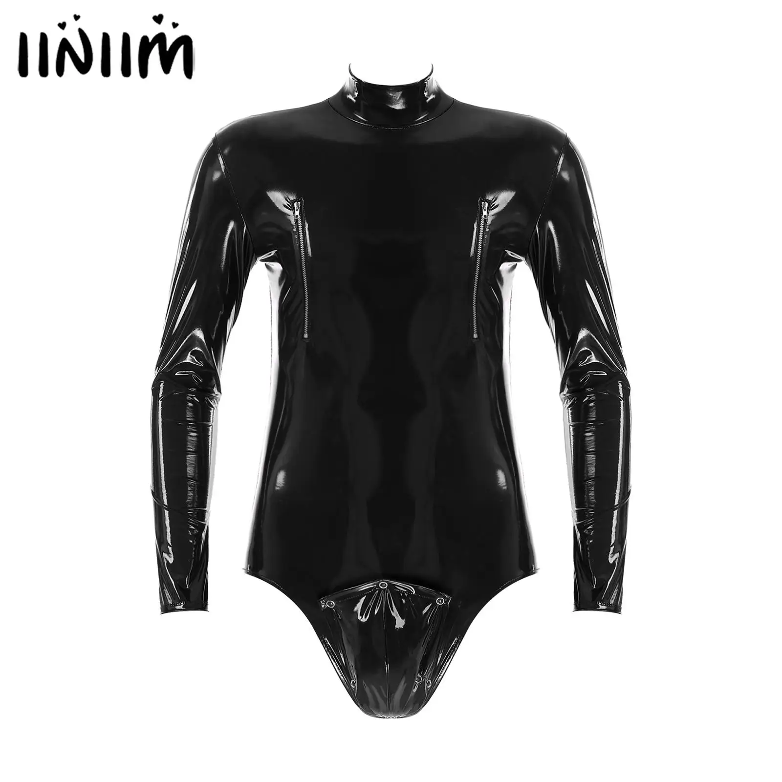 

Mens Latex Catsuit Lingerie Bulge Pouch Patent Leather Zipper Long Sleeve Bodysuit Open Crotch Removable Wetlook Rave Clubwear