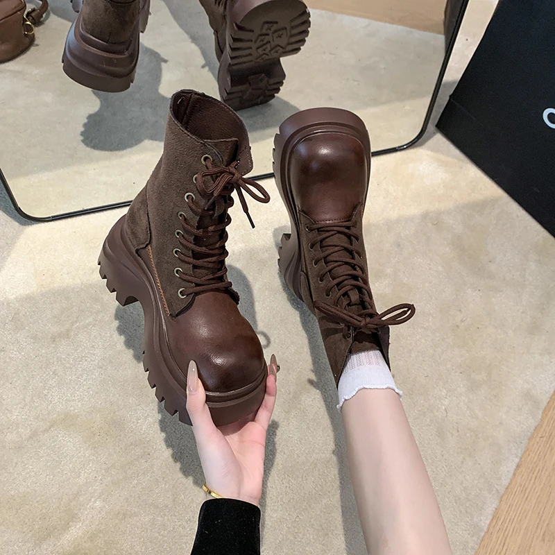 Aphixta Classical 7cm High Chunky Heel Women's Ankle Boots Cross-tied Leather Women's autumn boots Korean Style Platform boots