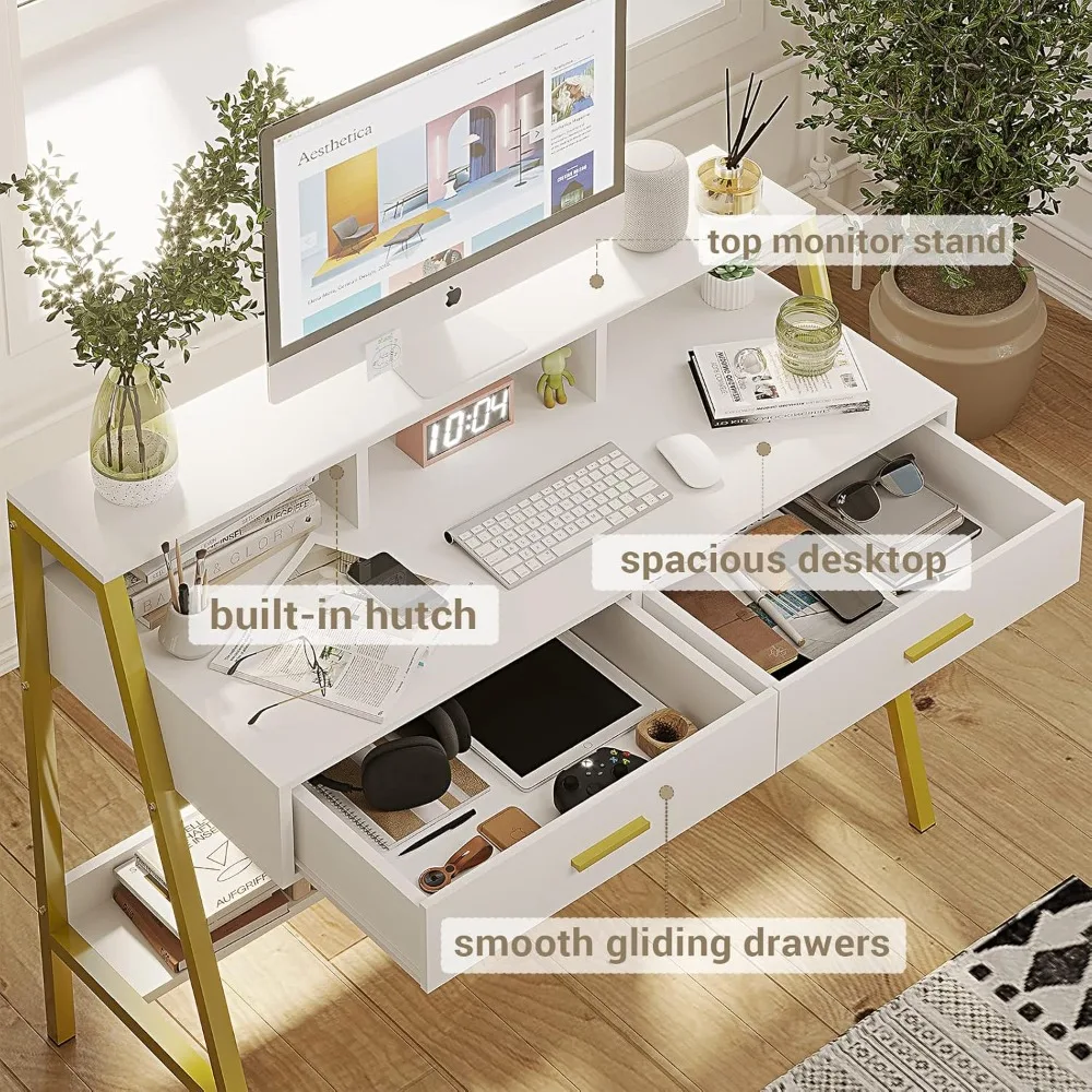 Modern Computer Desk Home Office Desk with Monitor Stand and Built-in Hutch Writing Desk Workstation Table with Bookshelf 4