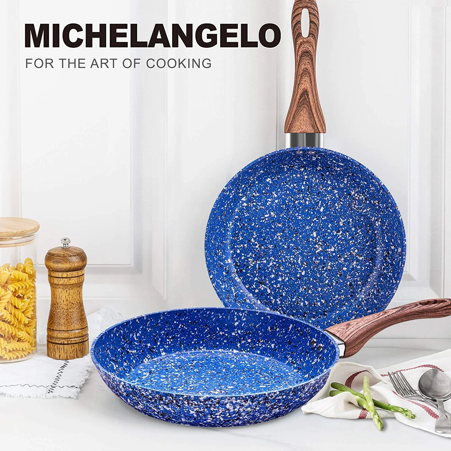 MICHELANGELO Maifan Cookware Set 20 Pcs,204cm Frying Pan Non Stick & 208cm  Stir fry Pan,Marble Stone Coating PFOA Free