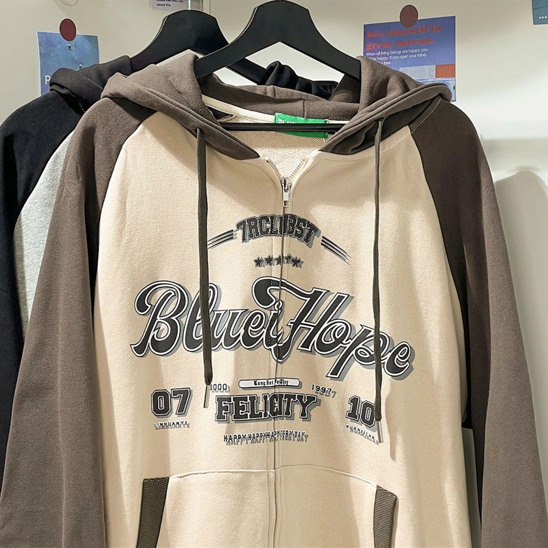 

Vintage American Letter Print Zip Up Hoodie Jacket Mens Women Oversized Sweatshirt Outerwear Autumn Winter Clothes Korean Style