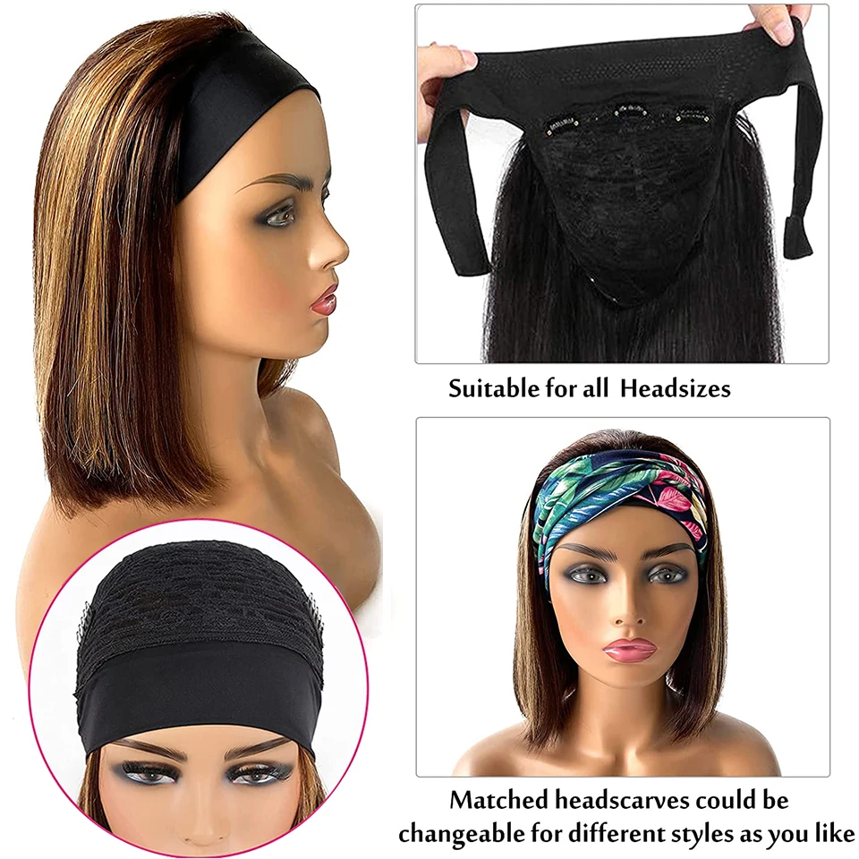 Highlight Bob Headband Wigs Human Hair Short Straight Bob Headband Wig for Women Brazilian Glueless P4/27 Ombre Brown Blonde Wig