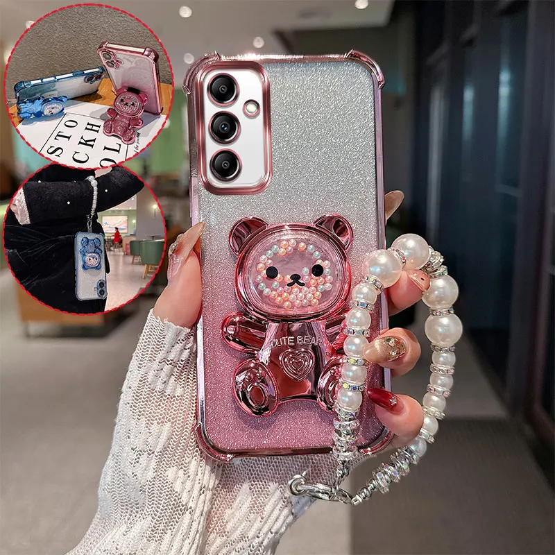 Cute Bear Cartoon Glitter Phone Case with Pearl Lanyard Strap - Shockproof and Stylish Back Cover