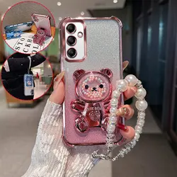 Cute Bear Cartoon Glitter Phone Case with Pearl Lanyard Strap - Shockproof and Stylish Back Cover - Galaxy A54 5G (Pink)