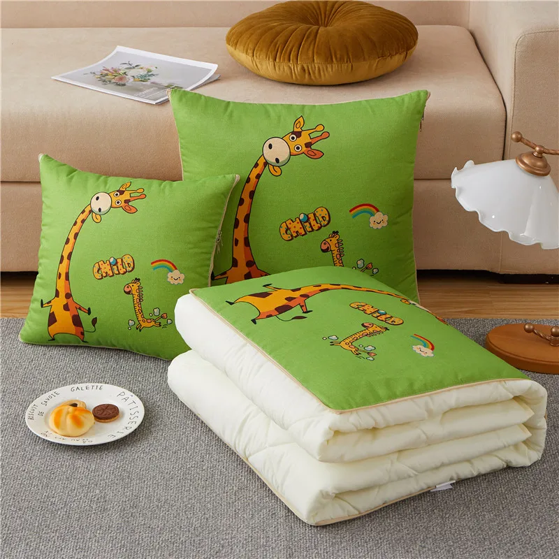 2 In 1 Blanket Pillow Foldable Patchwork Throw Quilt Home Office Cartoon Travel Cushion Square Portable Air Conditioning Quilt 