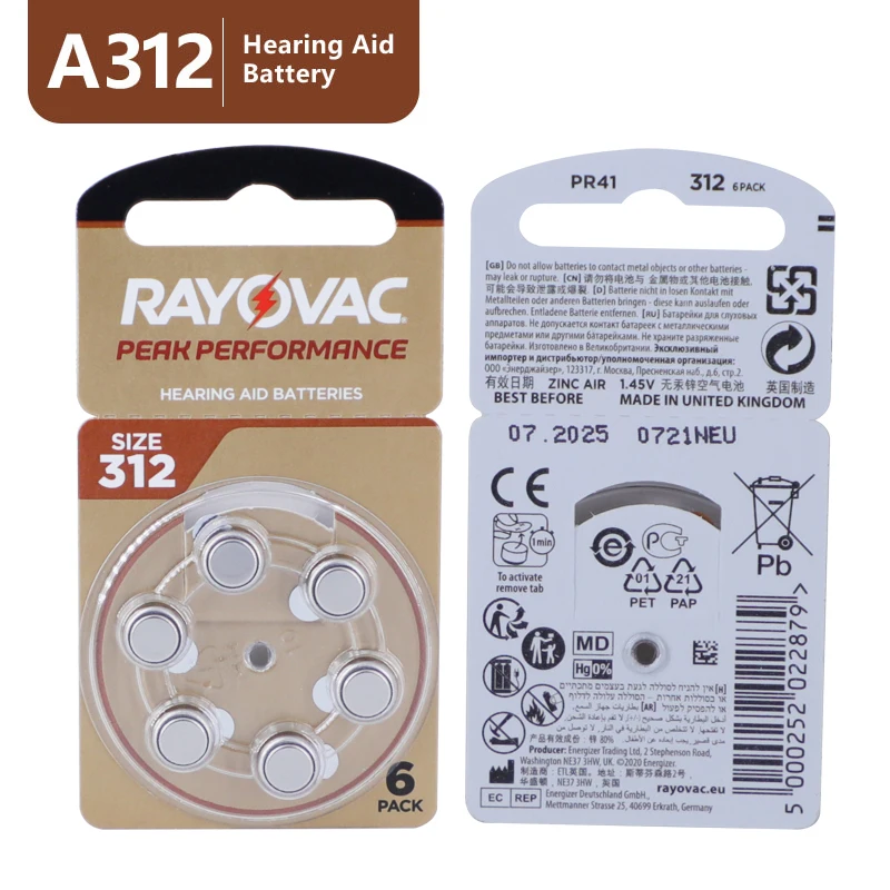 Hearing Aid Batteries 60PCS / 10 Cards RAYOVAC PEAK 1.45V 312 312A A312 PR41 Zinc Air For BTE CIC RIC OE Hearing Aids