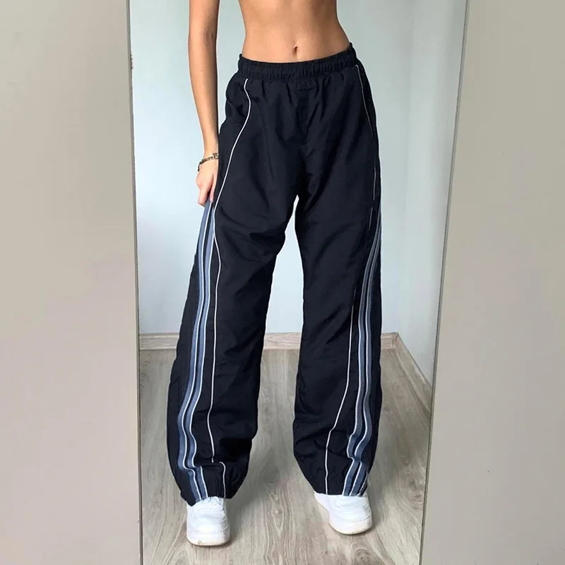 

Casual Baggy Side Stripe Sweatpants Hippie Y2K Streetwear Elastic Low Waist Straight Leg Jogging Basic Fashion Trousers 90s Lady