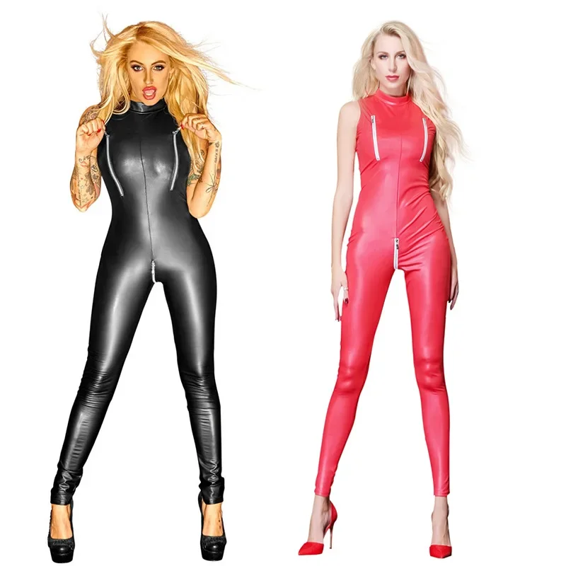 

Women PU Faux Leather One-piece Sleeveless Plunging Zipper Leotard Bodysuit Sexy Back Cutouts Romper Jumpsuit