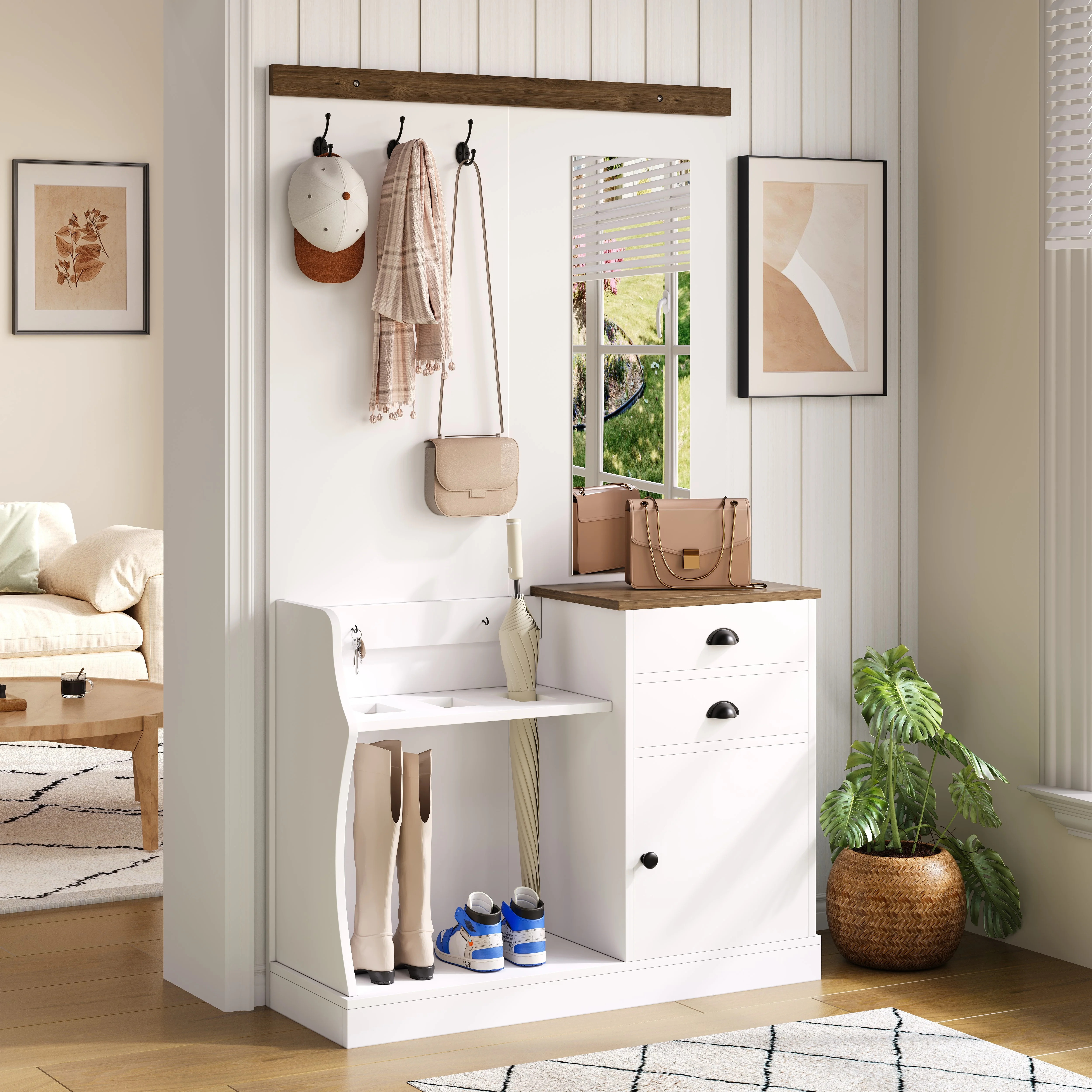 PINGGO Ganzkörper-Kleiderschrankspiegel mit Haken, Schubladen und Schirmständer, Aufbewahrungsorganisator für Schlafzimmer, Wohnmöbel – Detail 3
