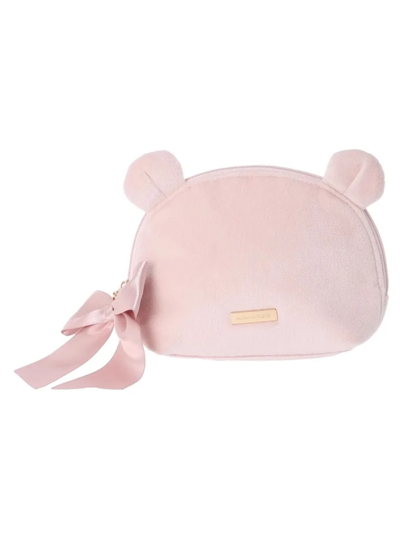 Lolita Japanese Style Makeup Pouch Furry Bear Face Bow Autumn Winter Cosmetic Bag Sweet Cute Makeup Case for Women
