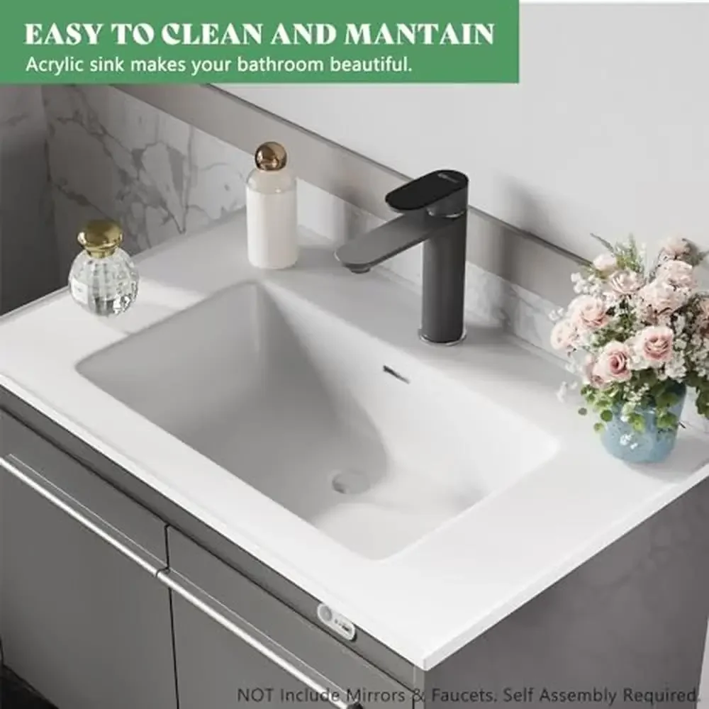 31" LED Floating Bathroom Vanity Cabinet High Gloss Single Sink Wall Mounted Modern Storage Unit Elegant Acrylic Sink Automatic