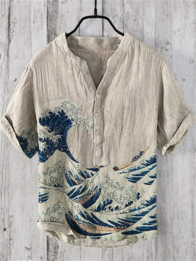 Vintage Clothes Cardigan Men Clothes Offer Casul Shirts Print Short Sleeve Henry Shirt Mens Clothing Summer Men's Tops