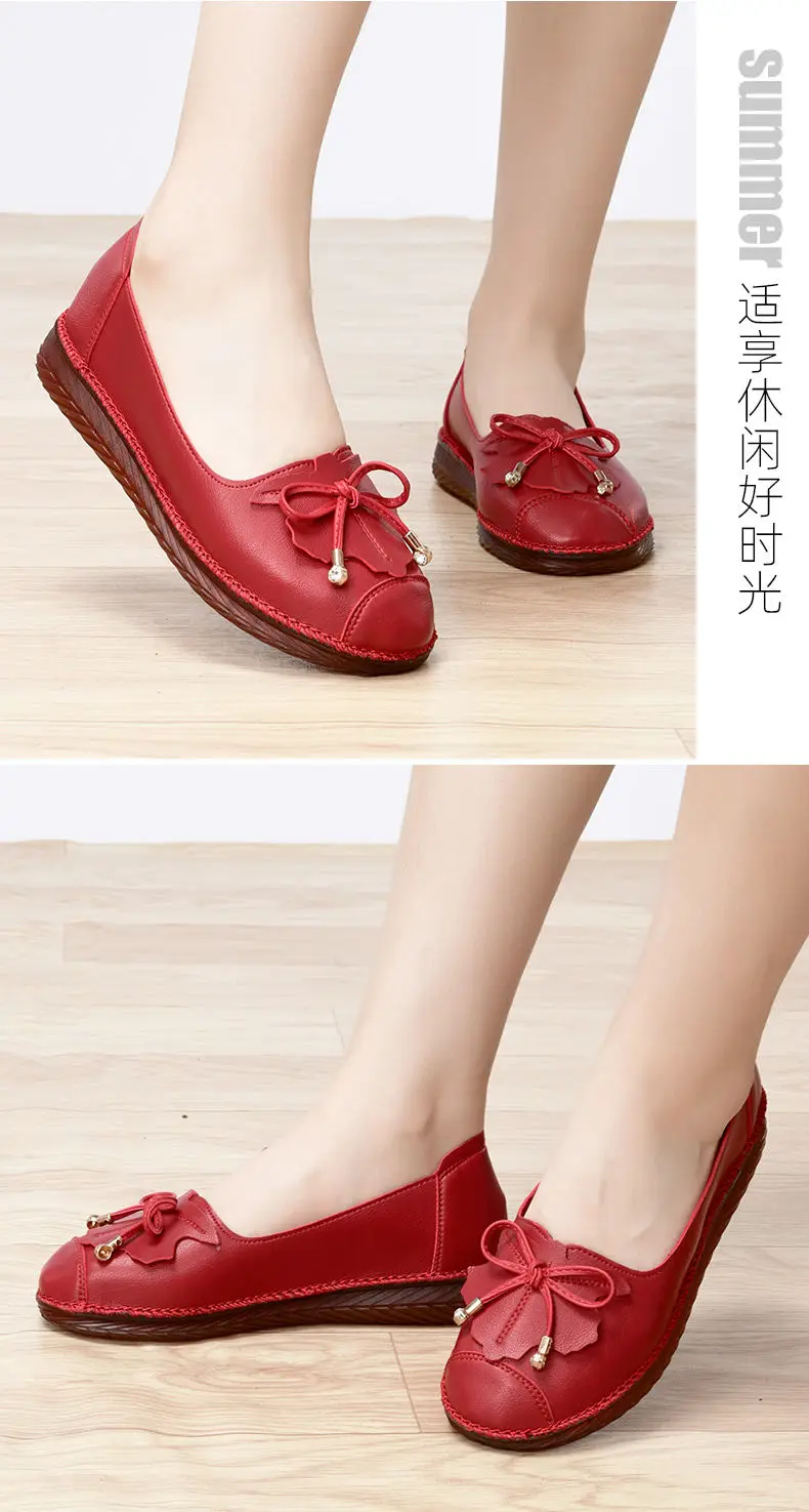 Autumn Leather Flats Shoes Women's Loafers Mom Slip On Kitchen Work Shoes Big Size 42 Woman Bowknot Moccasins Summer Red Sandals