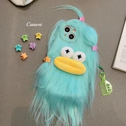 Korean Fluffy Plush Monster Winter Warm Phone Case - Cute & Soft Fur Cover - iPhone 15 Plus (Green)