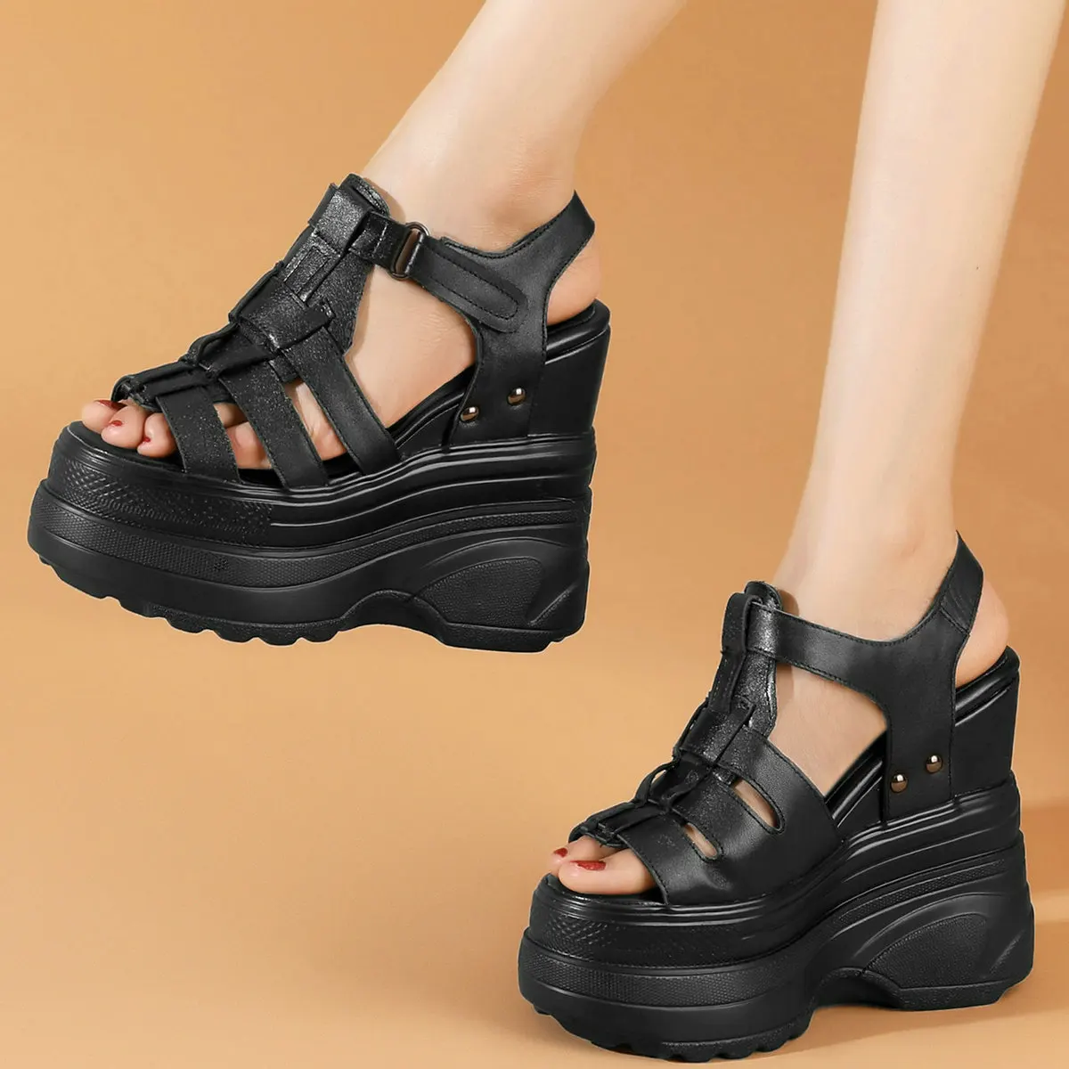 Platform Pumps Plus Size Shoes Women Genuine Leather Wedges High Heel Gladiator Sandals Female Summer Casual Shoe Big Size Shoes