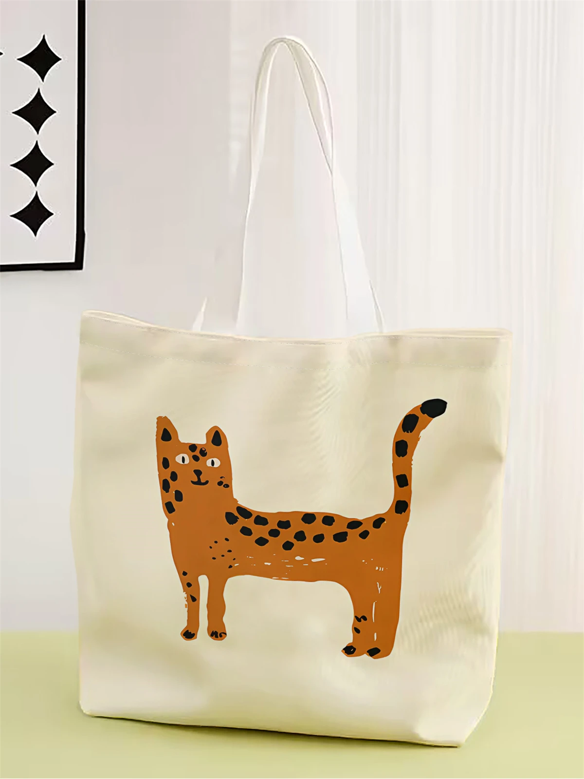 1pc,cartoon tiger pattern handbag, reusable fashionable handbag, multifunctional handbag, printed canvas shopping bag