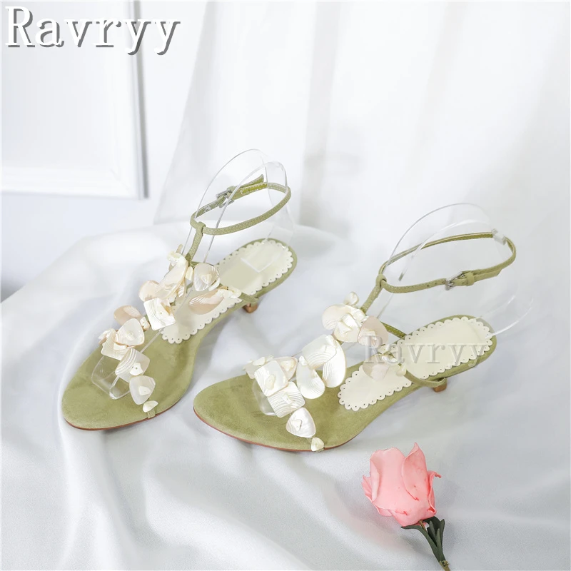 

Green Shell String Bead Sandals Fairy Style Ladies Elegant Kitten Heel Ankle Strap Shoes 2023 Summer New Fashion Sandals